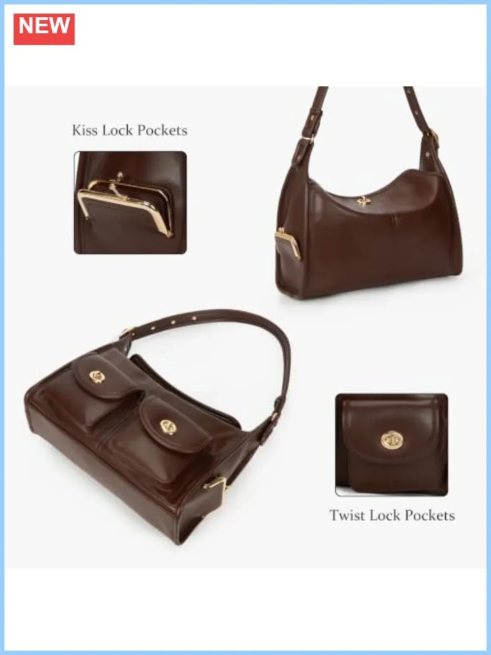 Large Hobo Shoulder Bag Faux Leather Multi-Pocket Turn Lock Everyday Purse